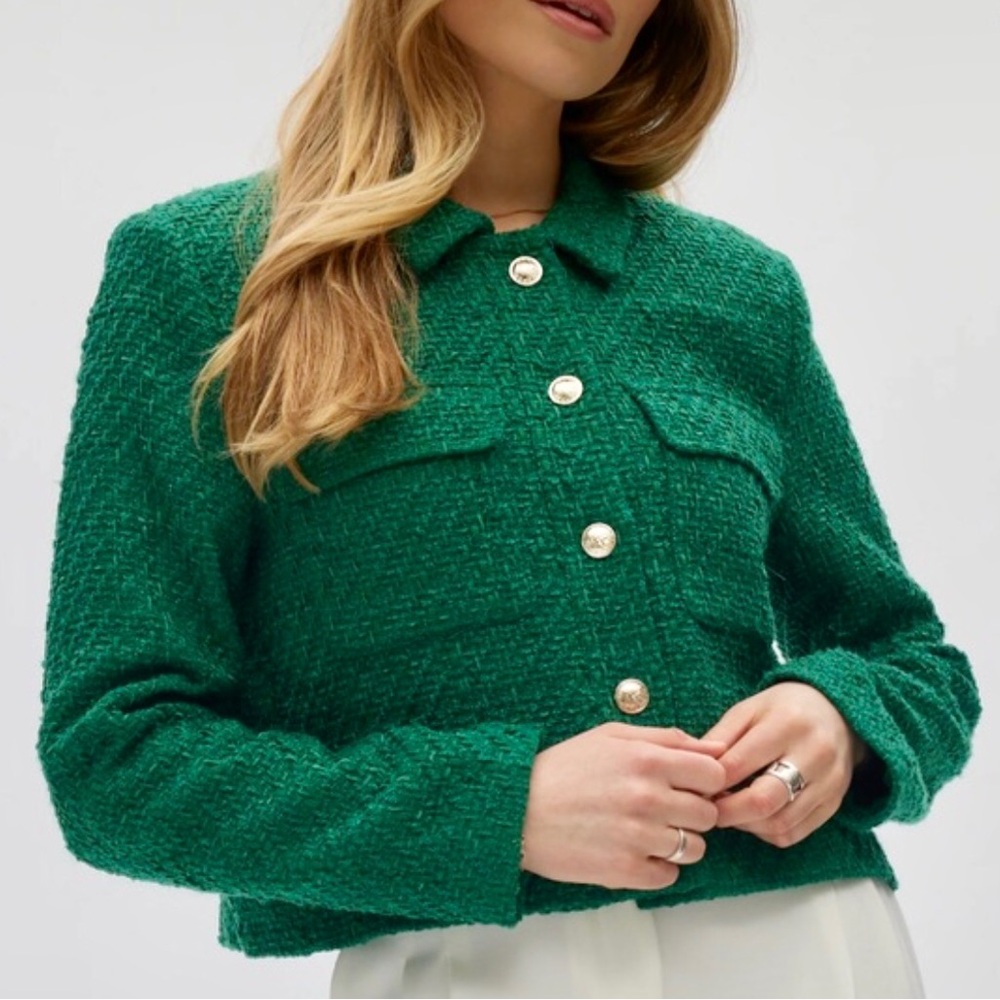 Rachel Zoe Green Boucle Cropped Tweed Blazer Jacket Coat